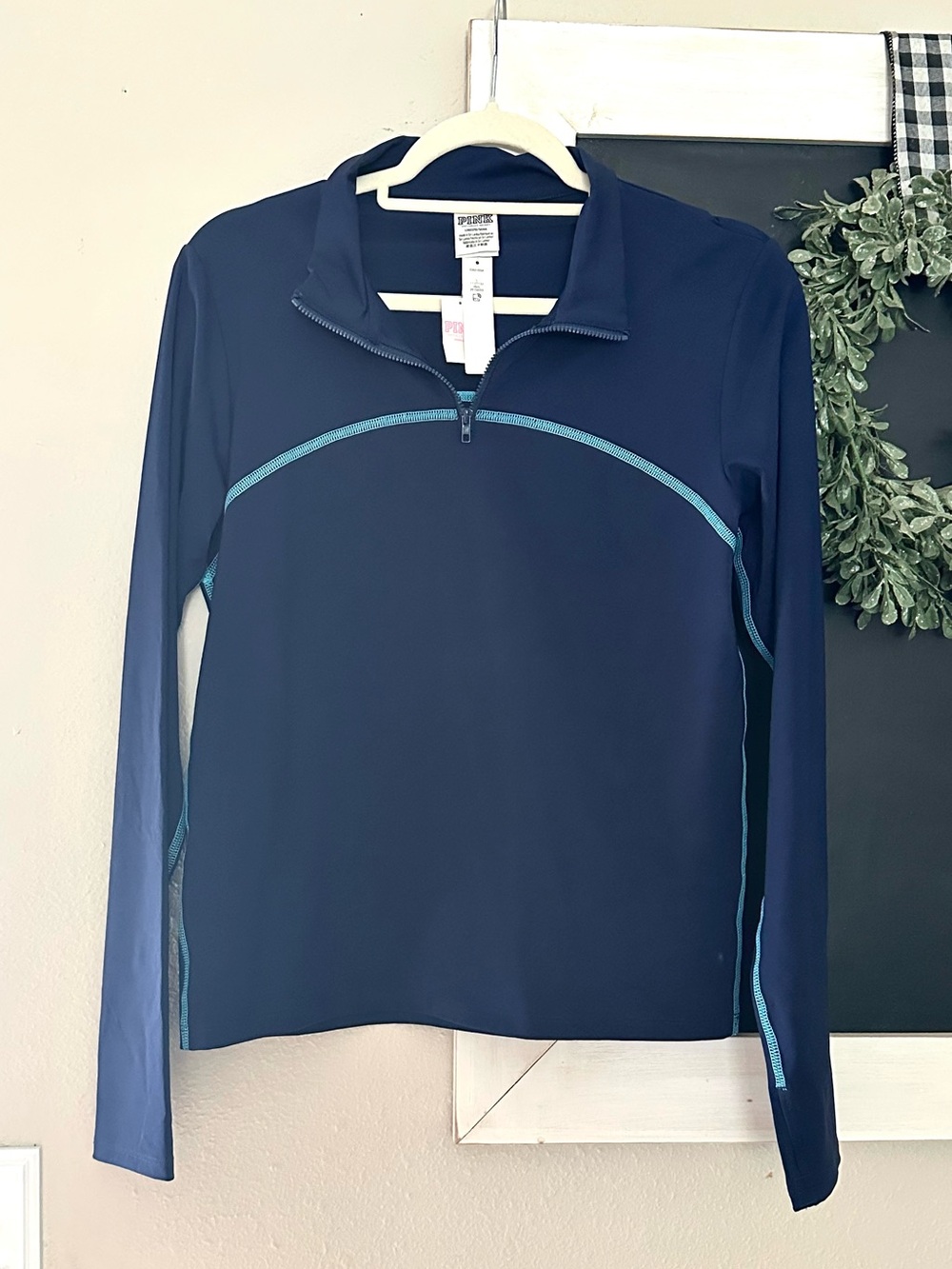 PINK Victoria's Secret Navy Quarter-Zip Top with Teal Trim